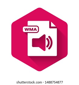 White WMA file document. Download wma button icon isolated with long shadow. WMA file symbol. Wma music format sign. Pink hexagon button. Vector Illustration