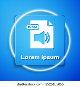 White WMA file document. Download wma button icon isolated on blue background. WMA file symbol. Wma music format sign. Blue square button. Vector Illustration