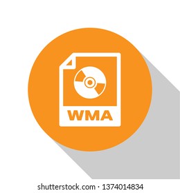 White WMA file document icon. Download wma button icon isolated on white background. WMA file symbol. Wma music format sign. Orange circle button. Vector Illustration