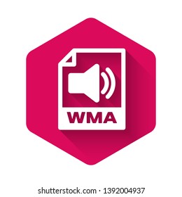 White WMA file document icon. Download wma button icon isolated with long shadow. WMA file symbol. Wma music format sign. Pink hexagon button. Vector Illustration