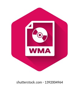 White WMA file document icon. Download wma button icon isolated with long shadow. WMA file symbol. Wma music format sign. Pink hexagon button. Vector Illustration