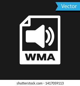 White WMA file document icon. Download wma button icon isolated on black background. WMA file symbol. Wma music format sign. Vector Illustration