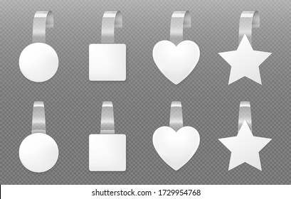 White Wobblers Mockup. Different Shapes Price Tags Front And Angle View. Vector Realistic Set Of Blank Paper Wobblers With Clear Plastic Strip For Supermarket Shelf Isolated On Transparent Background