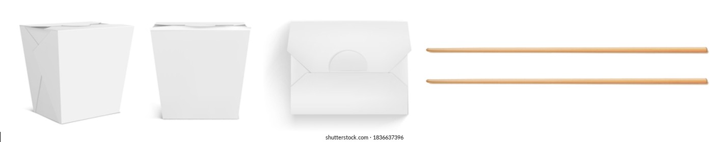 White Wok box and chopsticks, paper packaging for chinese food, noodle or rice with chicken. Vector realistic mockup of bamboo sticks and closed takeaway boxes in front and top view