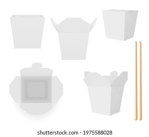 White wok box with sticks vector 3d mockup. Paper packaging for chinese food, noodles or fried rice and bamboo chopsticks, closed and open takeaway packs front and top view isolated realistic set