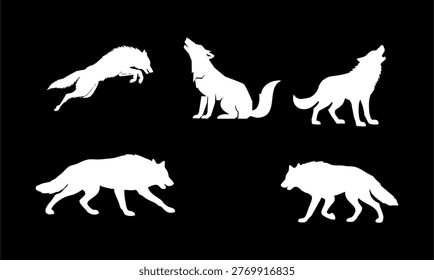 White Wolf Silhouette Set on Black Background, Elegant Wildlife Vector Illustration and Web Icon Clipart Symbol Collection of Wild Animal Outline Drawings