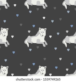 White wolves and hearts. Seamless vector pattern on a gray background.