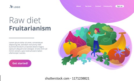 A white woman among fruits, vegetables and mushrooms. Raw diet, frutarianism landing page. Raw veganism, raw foodism, juicearianism and sproutarianism. Vector illustration on ultraviolet background.