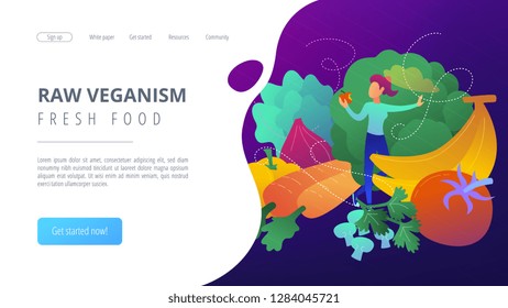 A white woman among fruits and vegetables. Raw veganism and fresh food landing page. Raw foodism, fruitarianism, juicearianism and sproutarianism. Vector illustration on ultraviolet background.