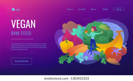 White woman among fruits, vegetables and mushrooms. Vegan raw food landing page. Raw veganism, foodism, fruitarianism, juicearianism and sproutarianism. Vector illustration on ultraviolet background.