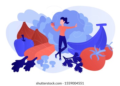 A white woman among fruits, vegetables and mushrooms as a concept of raw veganism, raw foodism, fruitarianism, juicearianism and sproutarianism, pinkish coral blue palette. Vector illustration on