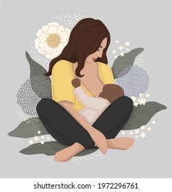 a white woman is breastfeeding her black newborn baby. vector illustration on a background of leaves and flowers. for poster, banner, postcard, magazine or book cover, support for interracial families