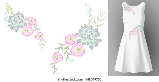 White woman dress 3d realistic mock up floral embroidery fashion decoration. Flower succulent ranunculus eucalyptus patch neckline print textile vector illustration art