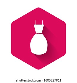 White Woman dress icon isolated with long shadow. Clothes sign. Pink hexagon button. Vector Illustration