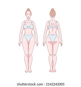 White Woman Figure Standing, Silhouette, Front And Back View. Male Body Anatomy Diagram. Removable Underwear. Vector Illustration