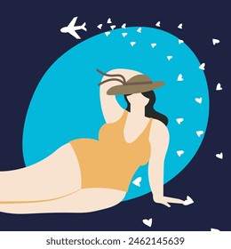 mujer blanca con sombrero. Mujer relajante en la playa de verano. concepto de ilustración muestra una mujer hermosa que tiene tono de piel blanca. Atrapa el concepto de ambiente de verano. Ilustración de estilo de Vector plano