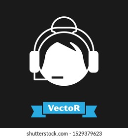 White Woman with a headset icon isolated on black background. Support operator in touch. Concept for call center, client support service.  Vector Illustration