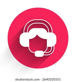 White Woman with a headset icon isolated with long shadow. Support operator in touch. Concept for call center, client support service. Red circle button. Vector
