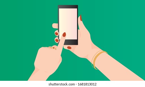 White woman manicured hands holding phone and touching screen