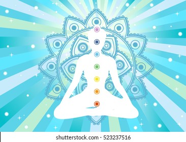 white woman meditating silhouette with colored chacra and mandala, vector 