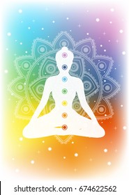 white woman meditating silhouette with colored chacra and mandala on colored background, vector 