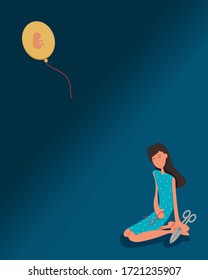 A white woman was sitting on the floor and crying from losing a child. Pregnancy termination.Tears, abortion, miscarriage. Vector illustration trend flat style.