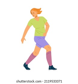 White woman in soccer uniform, training shorts and knee high socks, run and look back. Flat vector character illustration.