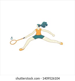 White woman in sport badminton clothing cartoon character. Racquet sport woman in shorts and t-shirt striking shuttlecock. 