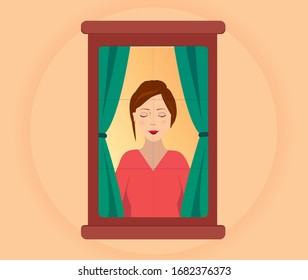 White woman standing behind window with her eyes closed and feeling peaceful