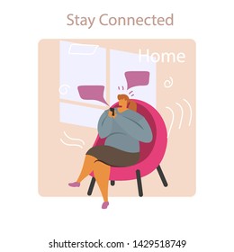 White Woman Stay Connected sit Home. Social Network Landing Page Template. Young Man Flat Characters Chatting Using Smartphone Website Web Page. Virtual Communication Concept Vector Flat illustration