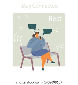 White Woman Stay Connected sit Park. Social Network Landing Page Template. Young Man Flat Characters Chatting Using Smartphone Website Web Page. Virtual Communication Concept Vector Flat illustration