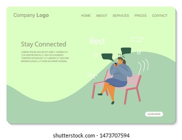 White Woman Stay Connected sit Park. Social Network Landing Page Template. Young Man Flat Characters Chatting Using Smartphone Website Web Page. Virtual Communication Concept Vector Flat illustration