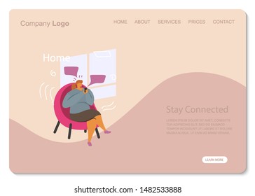 White Woman Stay Connected sit Home. Social Network Landing Page Template. Young Man Flat Characters Chatting Using Smartphone Website Web Page. Virtual Communication Concept Vector Flat illustration