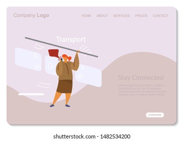 White Woman Stay Connected stand Transport. Social Network Landing Page Template. Young Man Flat Characters Chatting use Smartphone Website Web Page. Virtual Communication banner. Vector illustration