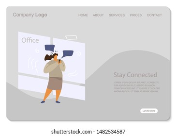 White woman Stay Connected stand Office. Social Network Landing Page Template. Young Man Flat Characters Chatting Using Smartphone Website Web Page. Virtual Communication Concept. Vector illustration