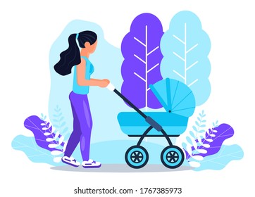 White woman is walking with baby stroller. Happy motherhood lifestyle concept vector on the floral background.