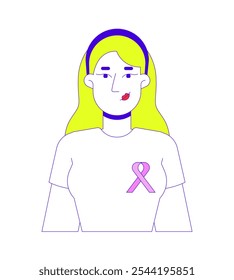 Mulher branca vestindo camisa de solidariedade fita 2D personagem de desenho animado. Consciência do câncer de mama T mulher caucasiana loira isolada pessoa vetor plano no fundo branco. Ilustração especial colorida