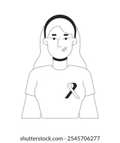 White woman wearing tshirt solidarity ribbon black and white 2D line character. Breast cancer awareness tee female caucasian blonde isolated vector outline person. Monochromatic spot illustration