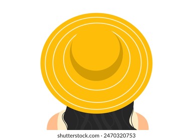 White woman in yellow hat standing backwards. Concept of beauty, fashion, style, equality. Design element for summer background, card, post, banner, flyer, sale. Vector illustration.