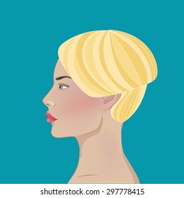 White woman's head profile. Short hair-cut on blond hair.