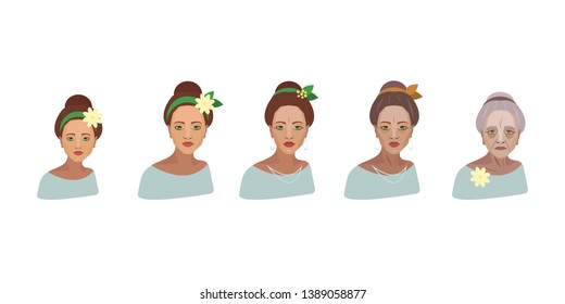 white women family set from child granddaughter to old grandmother with flower