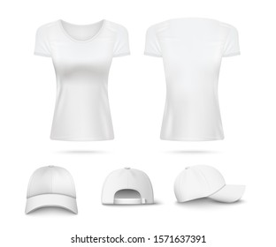 White women short sleeves t-shirts with cap set front and side views, realistic vector illustration mockup isolated on white background. Sport or uniform cloth template.