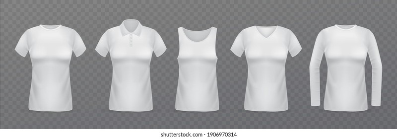 White women t-shirts. Realistic female clothes mockup collection, different types of blouses, collar options, long and short sleeves. Girls empty textile front view for marketing branding vector set