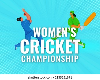 White Women's Cricket Championship Text With Participated Countries Players Of Pakistan VS India On Blue Dotted Rays Background.