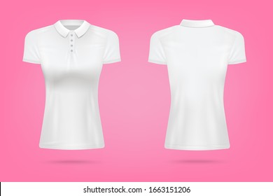 White women's polo T-shirt with collar and buttons - realistic blank mockup on pink background. Female fashion apparel template - vector illustration.