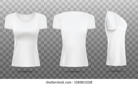 White women's t shirt mockup set isolated on white background - realistic blank modern female clothing collection from front, side and back view. Vector illustration