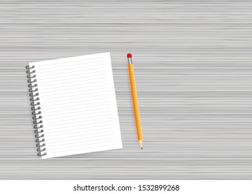 White wood background. Notepad and pencil Vector stock illustration.