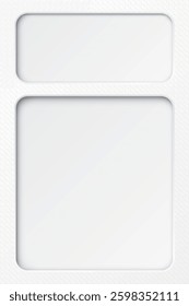 White wood free uncoated paper rough textured vertical background with two blank 3D rounded rectangle frame paper cut style graphic illustration.