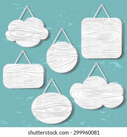 White wood speech bubbles set. Icon, sign cloud.