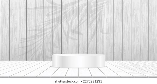 White Wood texture background,3d Podium on Wooden panel studio room,Empty Display Room Grey washed wooden striped with Table top with palm leaves shadow, Backdrop background for Holiday Promotion,Sale